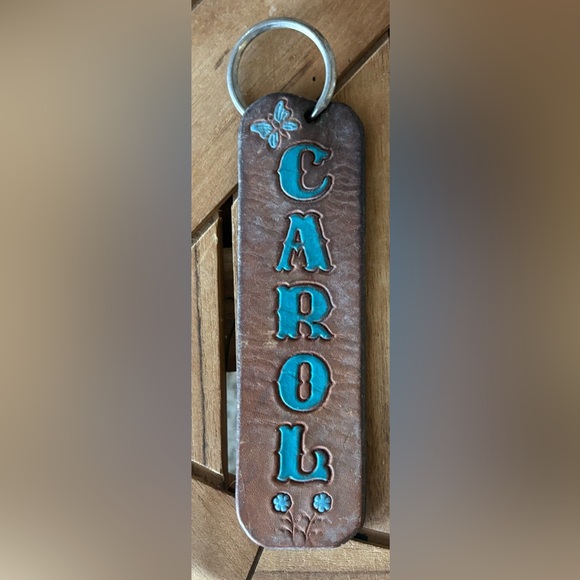 Handmade Accessories - Vintage Handmade Leather CAROL Keychain 6” Butterfly Flowers UNUSED